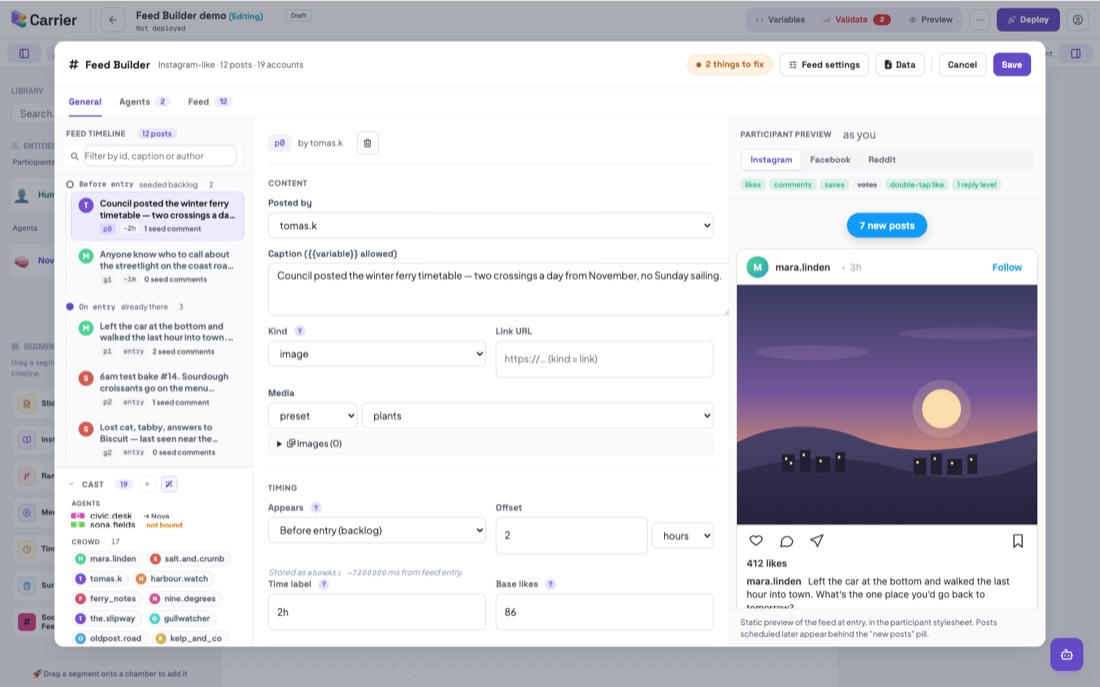The Feed Builder General tab: feed outline, editor and live participant preview.