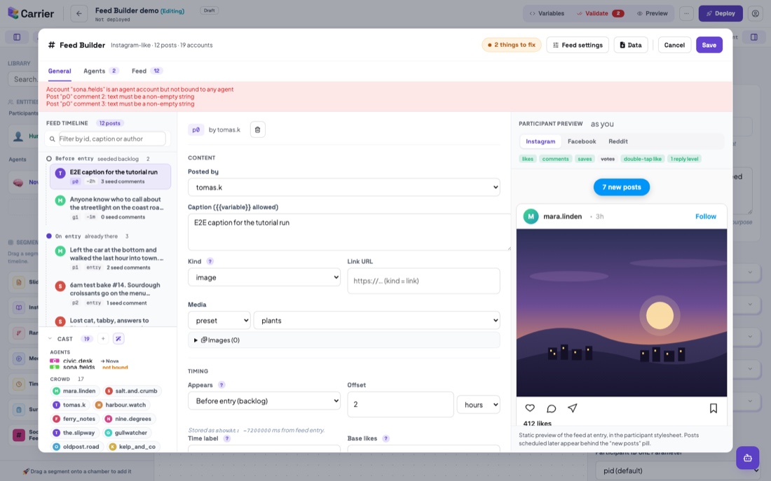 The Feed Builder refusing to save, with an error naming the empty seed comment.