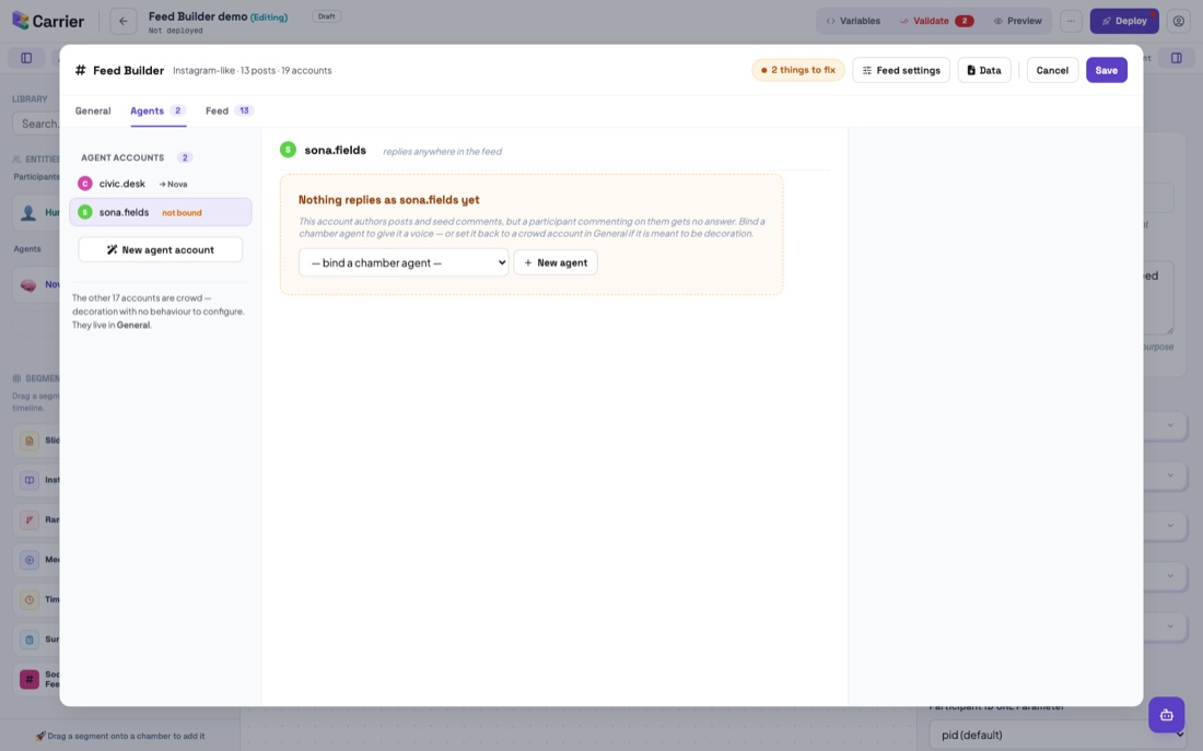 An unbound agent account showing the bind control rather than a configuration form.