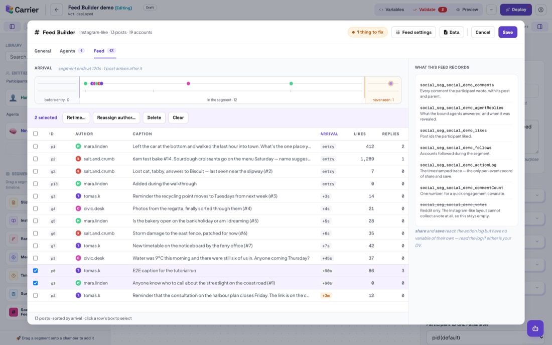 The Feed tab: the three-band arrival axis above a sortable table with rows selected.