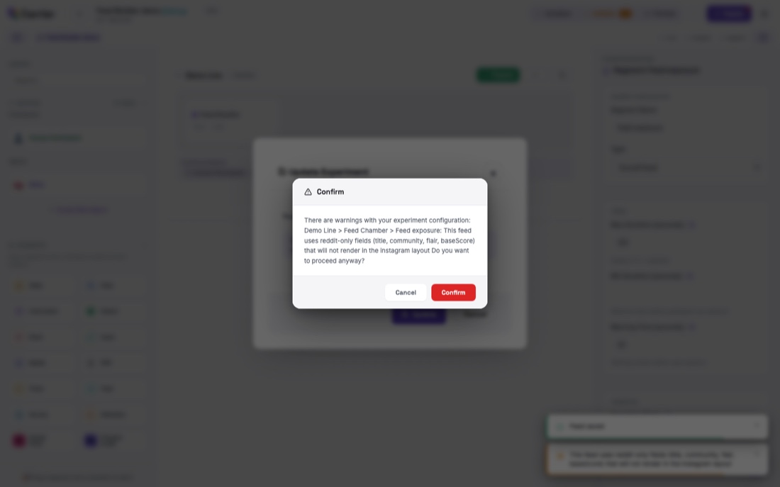 The deploy dialog pausing on a warning about reddit-only fields on an Instagram layout.
